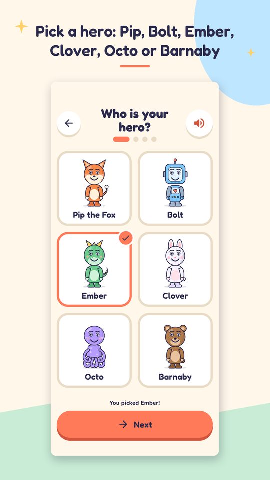 Choosing a hero: Pip the fox, Bolt the robot, Ember the dragon and friends