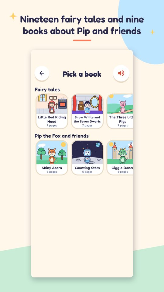 The bookshelf of fairy tales and books about Pip and friends